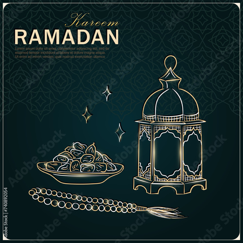 Ramadan Kareem greeting card with hand drawn linear golden Arabic lantern, Muslim rosary praying beads and dates in a bowl as a dish for Iftar. Dark green poster with arabesque pattern for Eid Mubarak