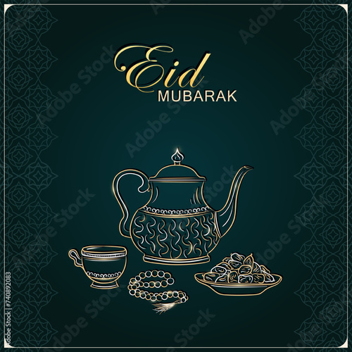 Eid Mubarak greeting card with hand drawn linear golden antique Arabic kettle, teacup, Muslim rosary praying beads and dates in a bowl as a dish for Iftari. Ramadan kareem dark green poster