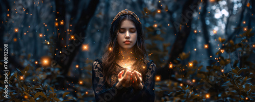 Fantasy woman with glowing magic in forest