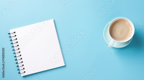 Top view workspace mockup on blue background with notebook, pen, coffee, clips and accessories