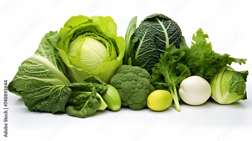 Fototapeta premium Variety of leafy green vegetables isolated on white background