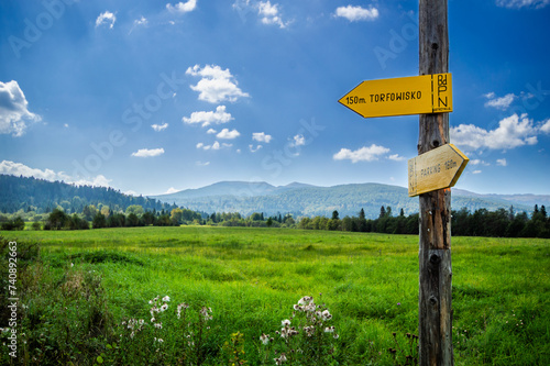 Travel Sign Tarnawa peat bog. Peatland bog habitat in mountains, Tarnawa Wyzna, Bieszczady, Bieszczady National Park, Outer Eastern Carpathians, Poland