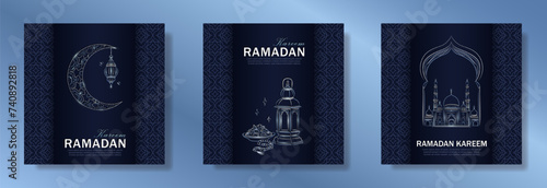 Set of dark blue Ramadan Kareem square greeting cards with hand drawn linear silver Mosque, crescent moon, Arabic lantern, dates, Muslim rosary praying beads. Template of Eid Mubarak outline banners