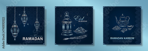 Set of dark blue greeting cards with hand drawn linear silver Iftari food, kettle, rosary beads and traditional Arabic lanterns for Ramadan holy month. Template of Eid Mubarak square banners