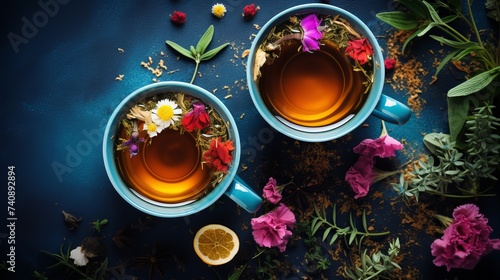 Two cups of healthy herbal tea with mint, cinnamon, dried rose and camomile flowers in spoons over blue background, top view photo