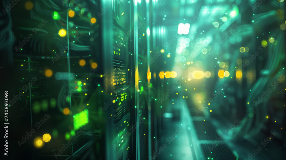 blurred view of a data center with rows of server racks illuminated by blue and yellow LED lights. blurred view of a data center with rows of server racks illuminated by blue and yellow LED lights.