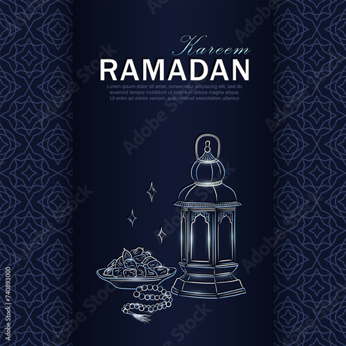 Eid Mubarak greeting card with hand drawn linear silver  Arabic lantern, Muslim rosary praying beads and dates in a bowl as dish for Iftar. Dark blue poster with arabesque frame for Ramadan Kareem
