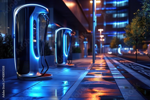 A group of electric cars parked on a city street illuminated by streetlights, Futuristic looking charging station in a smart city, AI Generated photo