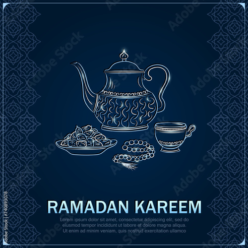 Eid Mubarak greeting card with hand drawn linear silver antique Arabic kettle, teacup, Muslim rosary praying beads and dates in a bowl as a dish for Iftari. Ramadan kareem dark blue poster