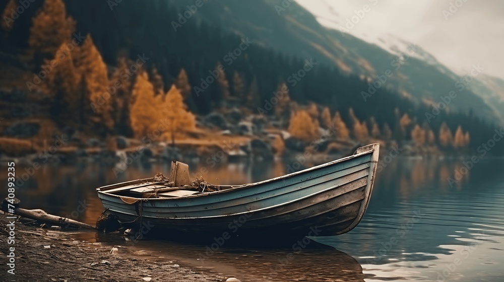 Old wooden boat on the shore of a mountain lake in the mountains. Generative AI Old wooden boat on the shore of a mountain lake in the mountains. Generative AI