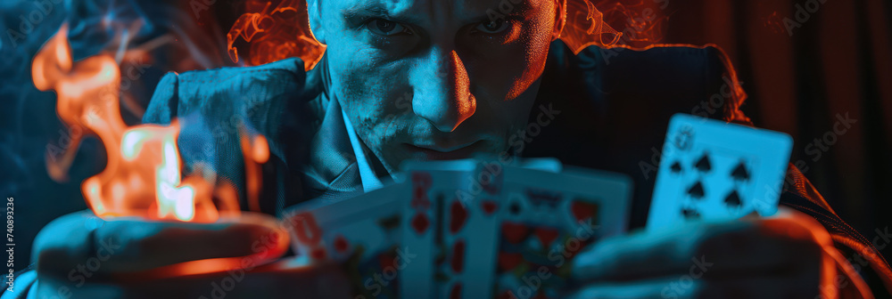 Magician with flying cards - obrazy, fototapety, plakaty 