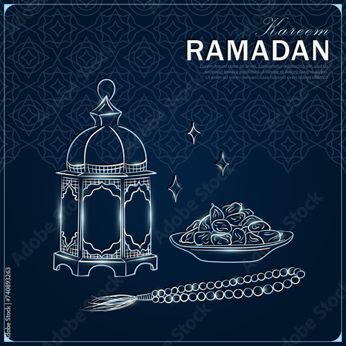 Ramadan Kareem greeting card with hand drawn linear silver Arabic lantern, Muslim rosary praying beads and dates in a bowl as a dish for Iftar. Dark blue poster with arabesque pattern for Eid Mubarak