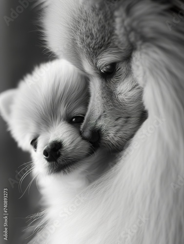 American Eskimo Dog Embracing Puppy Lovingly ,Parent and Puppy Share Tender Moment in monochrome