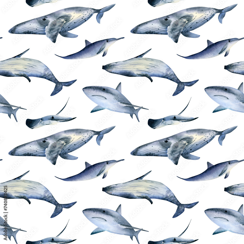 Seamless ocean animals pattern. Watercolor background with sea humpback whale, shark, dolphin, stingray for textile, wallpapers, wrapping paper Seamless ocean animals pattern. Watercolor background with sea humpback whale, shark, dolphin, stingray for textile, wallpapers, wrapping paper