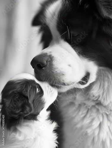 Saint Bernard Adult and Puppy Contemplative Moment ,Parent and Puppy Share Tender Moment in monochrome.
