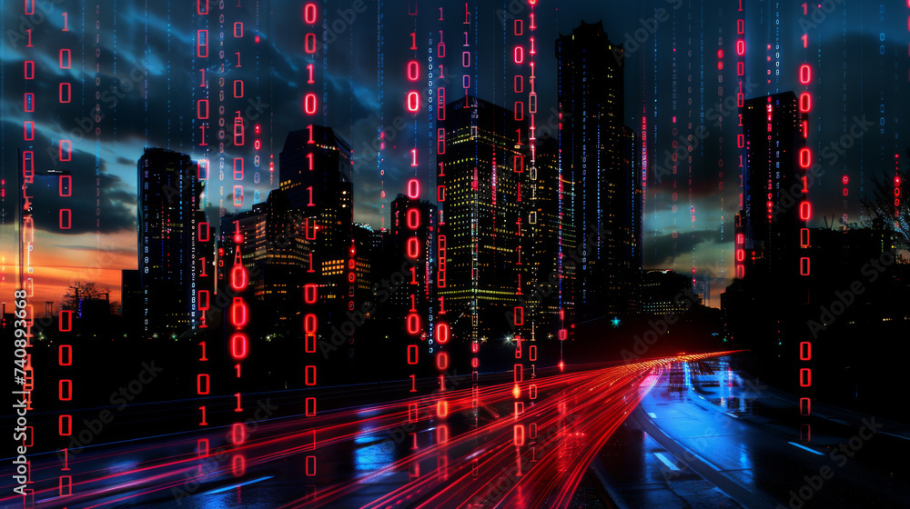 city skyline at sunset is superimposed with glowing digital binary code lines, symbolizing a high-tech urban environment.