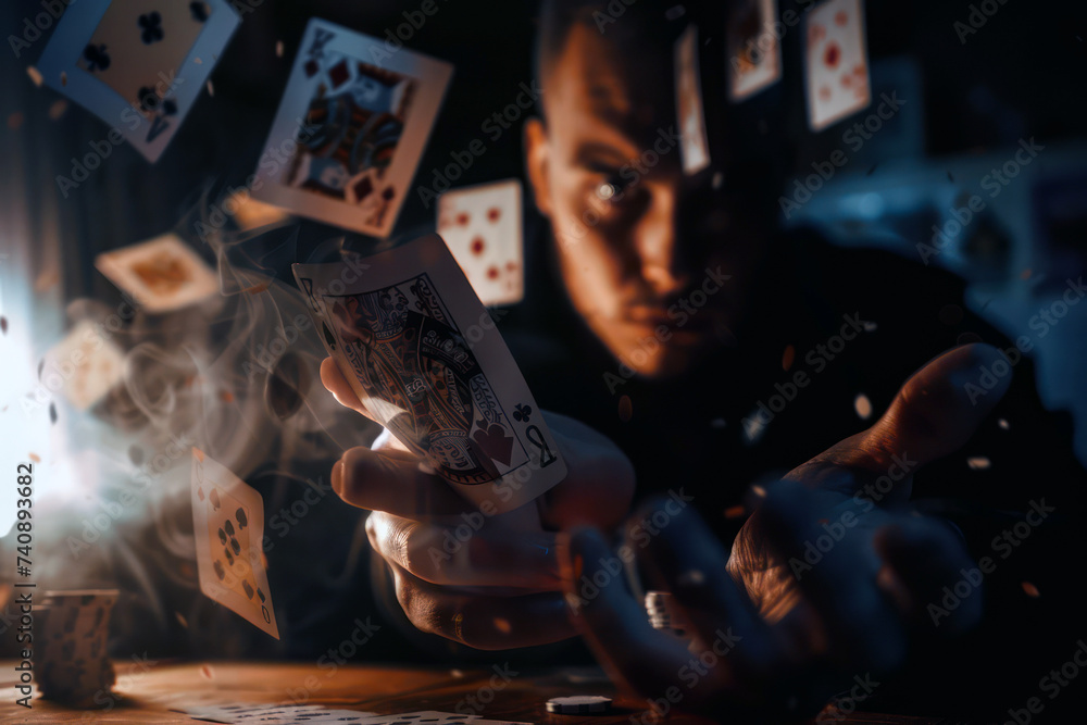 Magician with flying cards - obrazy, fototapety, plakaty 