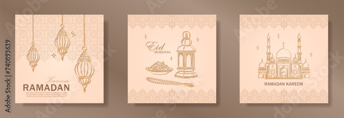 Set of beige Ramadan Kareem square greeting cards with hand drawn linear golden Mosque, Arabic lanterns, dates for Iftar, Muslim rosary praying beads. Template of Eid Mubarak outline banners