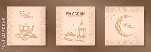 Set of beige greeting cards with hand drawn linear golden Iftari food, arabic lantern and ornamental Muslim crescent moon for Ramadan holy month. Template of Eid Mubarak square banners