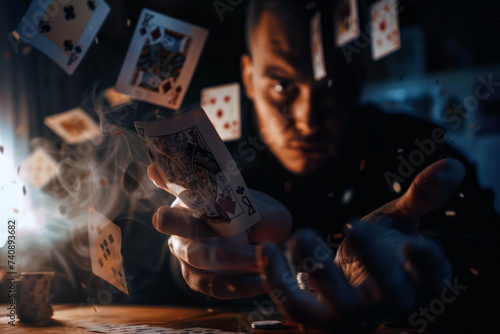 Magician with flying cards photo