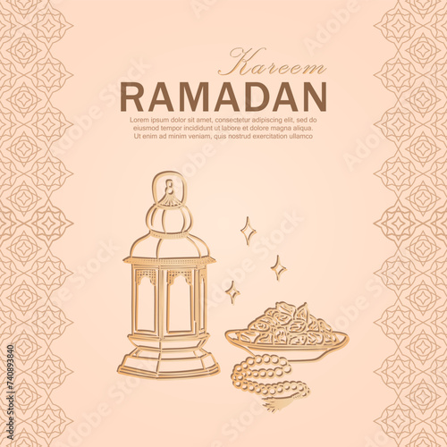 Ramadan Kareem greeting card with hand drawn linear golden Arabic lantern, Muslim rosary praying beads and dates in a bowl as a dish for Iftar. Soft beige poster with arabesque pattern for Eid Mubarak