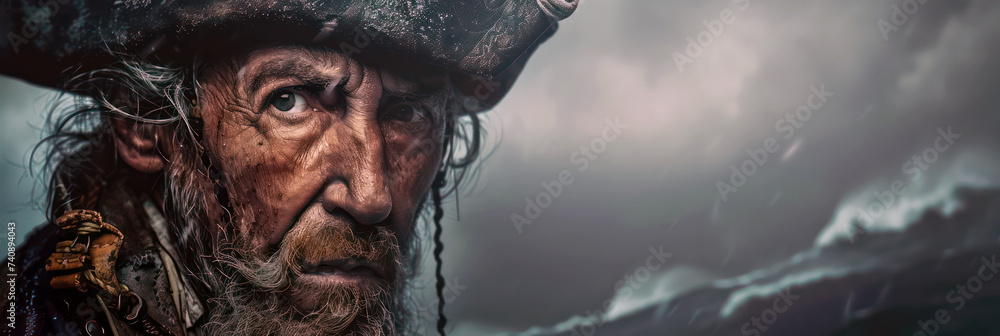 Pirate with intense look on stormy sea - obrazy, fototapety, plakaty 