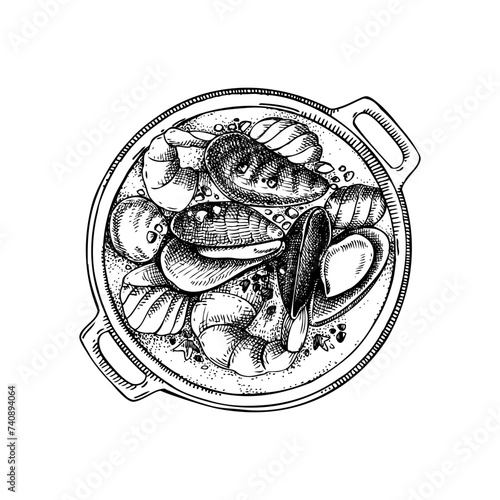 Bouillabaisse vintage drawing. Provence fish soup. Traditional food from France sketch. French restaurant menu design. Hand-drawn food illustration, NOT AI generated