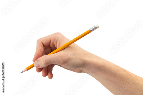Hand holding pencil isolated on white