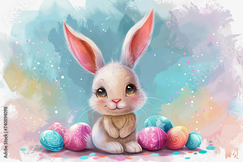 Easter bunny and colored eggs. cute rabbit. pastel colors. Easter concept.