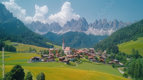Famous best alpine place of the world, Santa Maddalena village with magical Dolomites mountains in background, Val di Funes valley, photo