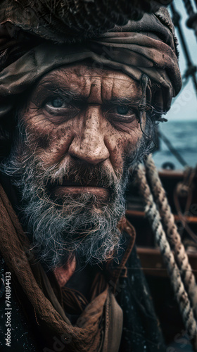Pirate with intense look on stormy sea © ColdFire