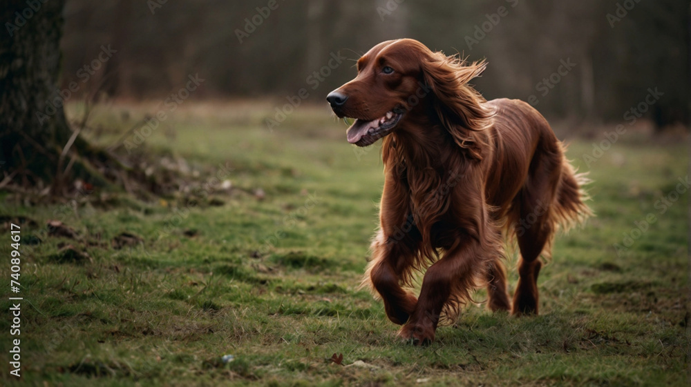 The Irish Setter dog poses with his whole body in nature The Irish Setter dog poses with his whole body in nature