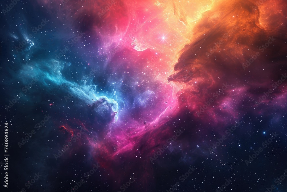 A vibrant space scene featuring an array of stars and clouds, Futuristic rendering of a far-off colorful nebula cloud, AI Generated