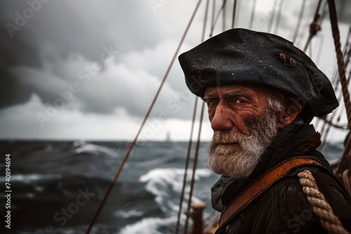 Pirate with intense look on stormy sea