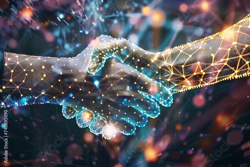 Futuristic handshake with digital crypto symbols Representing a new era of finance and technological prosperity in cryptocurrency