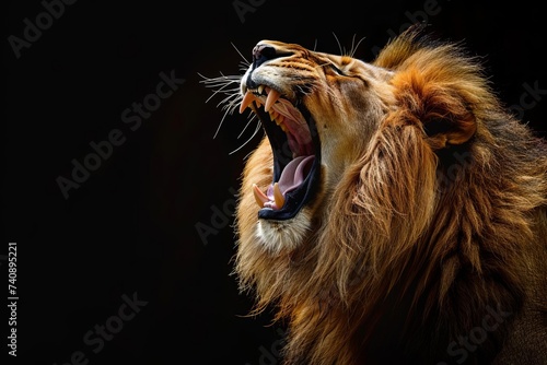 Lion roaring powerfully against a stark black background Embodying strength Leadership And the majestic essence of wildlife