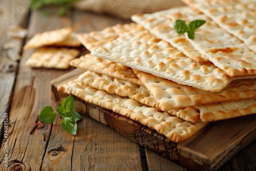 Some Matzahs with a crunchy texture and neutral color contrast with the warmth of the environment resting on a table. Traditional unleavened bread for Jewish Passover. photo
