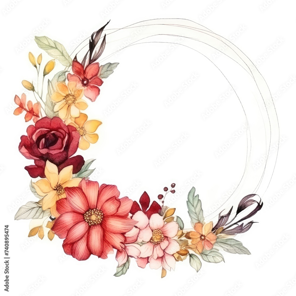 Fototapeta premium Elegant Floral Wreath With Vibrant Blossoms and Delicate Foliage on a White Background
