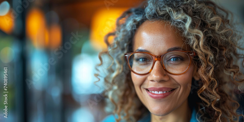Radiant Smile in the City. Smiling woman with curly hair and glasses in an urban setting.