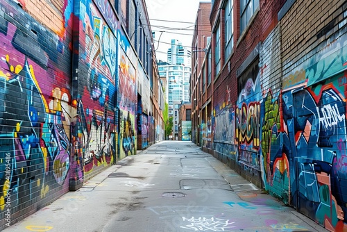 Urban alley with vibrant graffiti art covering walls Providing a creative and colorful backdrop for photo shoots and mockups © Bijac