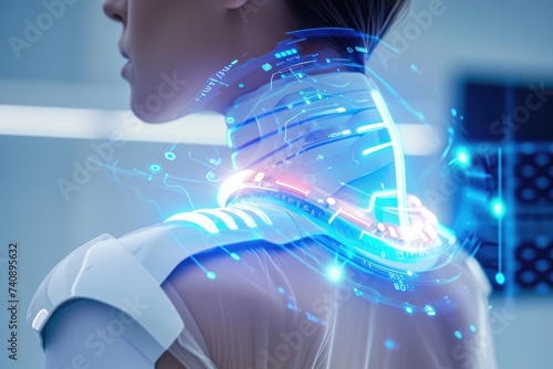 A woman wearing a cutting-edge neck brace designed to provide spinal support at a medical facility, Futuristic wearable smart devices as everyday accessories, AI Generated © Iftikhar alam