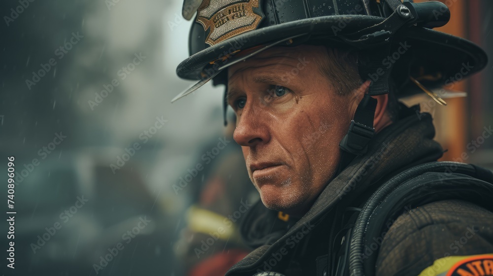 Firefighter, off-center shot, urban setting, casual attire Firefighter, off-center shot, urban setting, casual attire