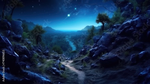 Panorama view of Night sky and moon, stars,Ramadan Kareem celebration.Serenity mountain background