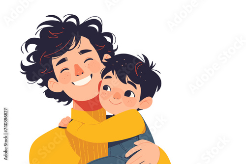 Son hugging father. Happy father's day. Smiling dad holding son. Cute cartoon characters isolated on white background. Colorful vector illustration