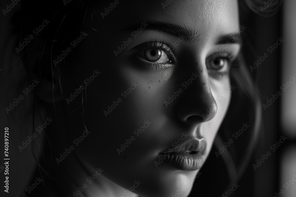 Monochrome portrait of a contemplative woman in shadow Monochrome portrait of a contemplative woman in shadow