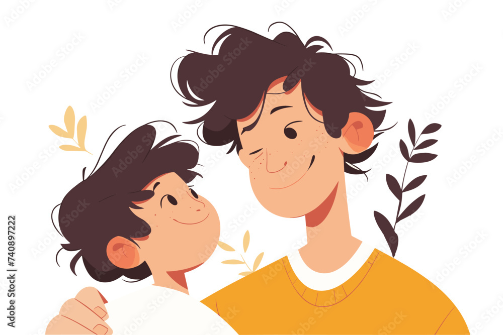 Son and father hugging. Smiling dad holding son. Cute cartoon characters isolated on white background. Colorful vector illustration Son and father hugging. Smiling dad holding son. Cute cartoon characters isolated on white background. Colorful vector illustration