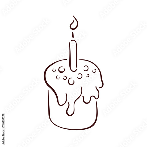 Festive Happy Easter pie with candle in line art style. Sweet pastries with glaze hand drawn. Vector illustration isolated on a white background.