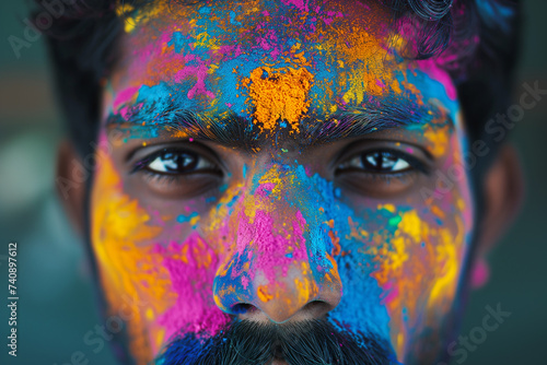 closeup of Indian man with moustache and face covered with golden  blue  pink powder in Holi spring festival