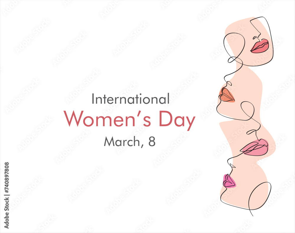 Fototapeta premium International women's day greeting card. Women faces in one continuous line drawing. Abstract female portrait in simple linear style. Vector illustration for 8 march 