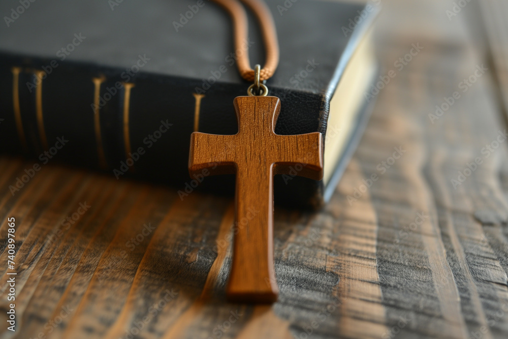 Closeup of wooden Christian cross necklace next to holy Bible - obrazy, fototapety, plakaty 